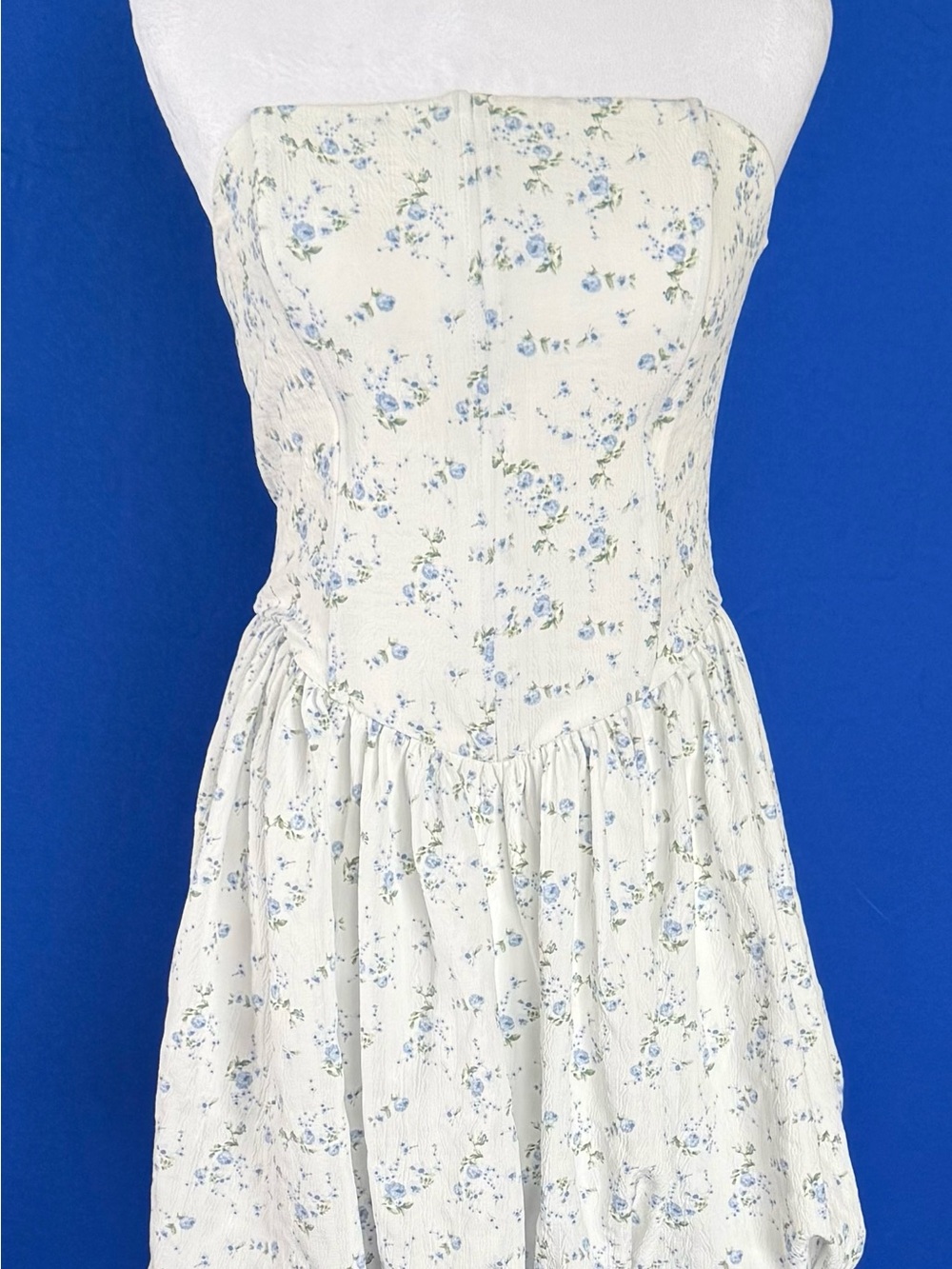 Strapless Floral Cotton Dress in Ivory and Blue NWT